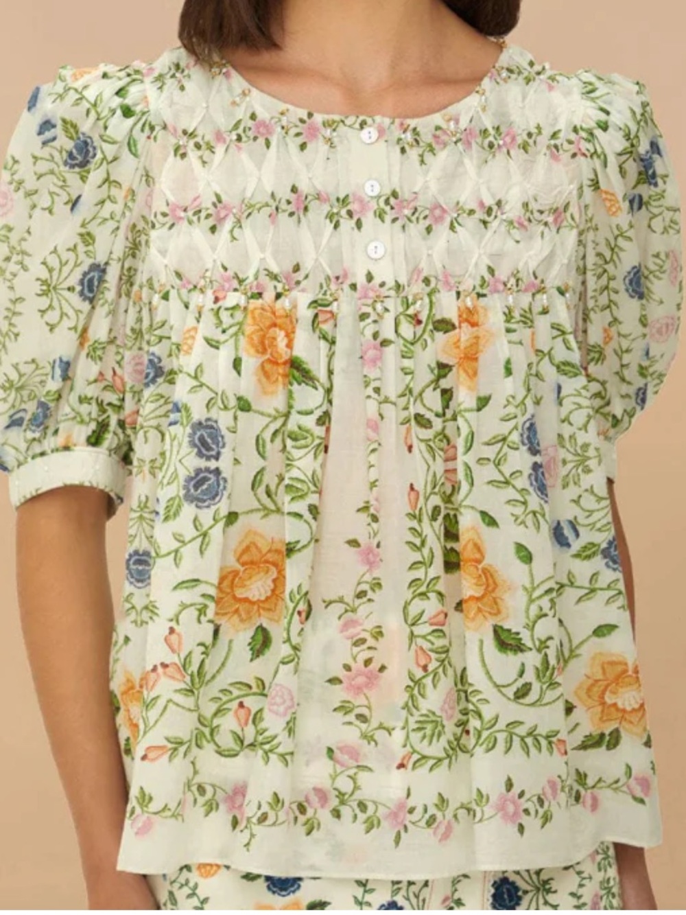 FARM Rio Floral Smocked Pintuck Blouse XS Puff Sleeve Beaded Top